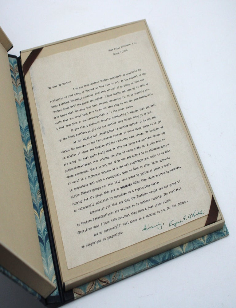 TLS On "Before Breakfast" and Whether "the Provincetown Players &hellip; allow their plays to be put on outside of their own theatre". Signed, "Sincerely, Eugene G. O'Neill" in green ink at lower right
