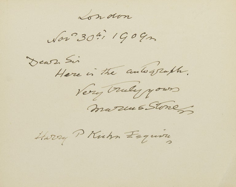 Item #36863 Autograph note signed “Marcus Stone”. Marcus Stone.