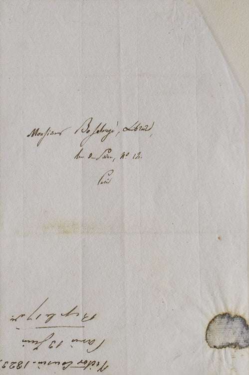 Autograph letter signed to his publisher “Monsieur Bossange, Libraire”