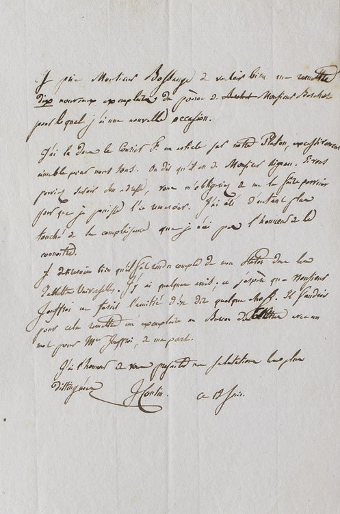Autograph letter signed to his publisher “Monsieur Bossange, Libraire”