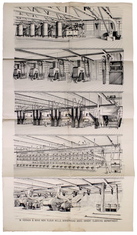 Illustrated broadside showing 5 views of the Wheat Cleaning Department at W. Vernon & Sons New Flour Mills, Birkenhead Dock