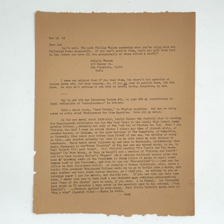 Item #369113 Typed Letter, signed ("Jack" in type), to editor Robert Giroux ("Dear Bob"). Jack Kerouac.
