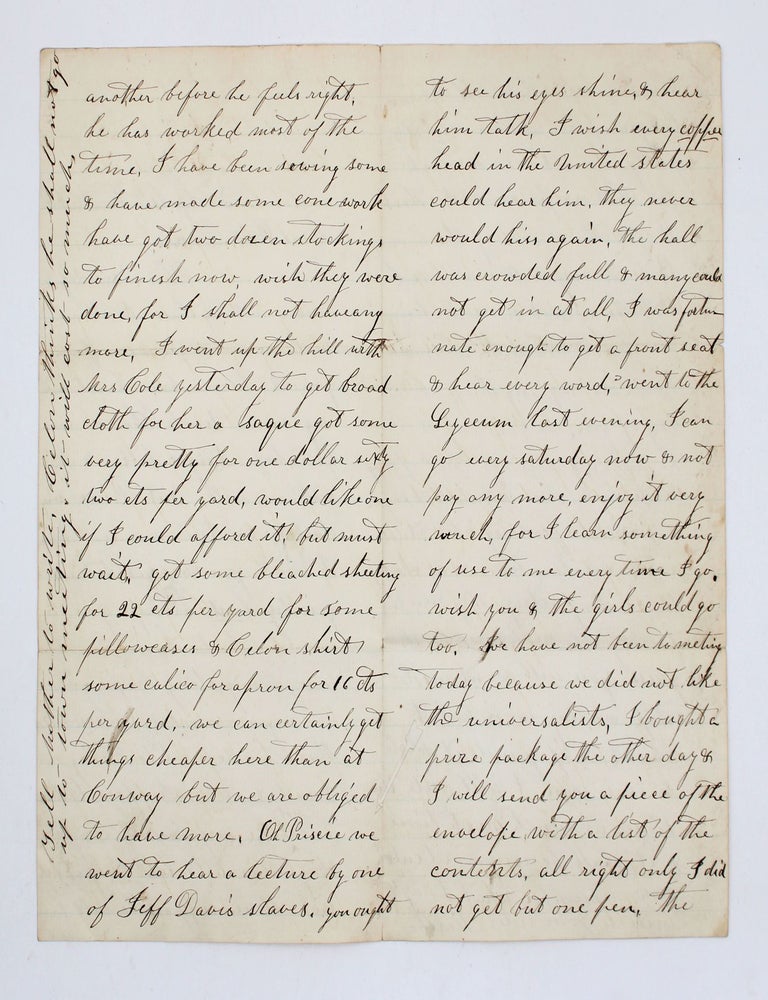 Autograph letter signed, to her sister, recounting attending a speech by fugitive slave William Andrew Jackson