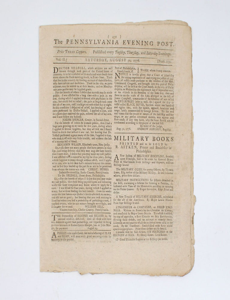 The Pennsylvania Evening Post ... Saturday, August 31, 1776 ... [containing news of Washington's retreat at the Battle of Long Island]