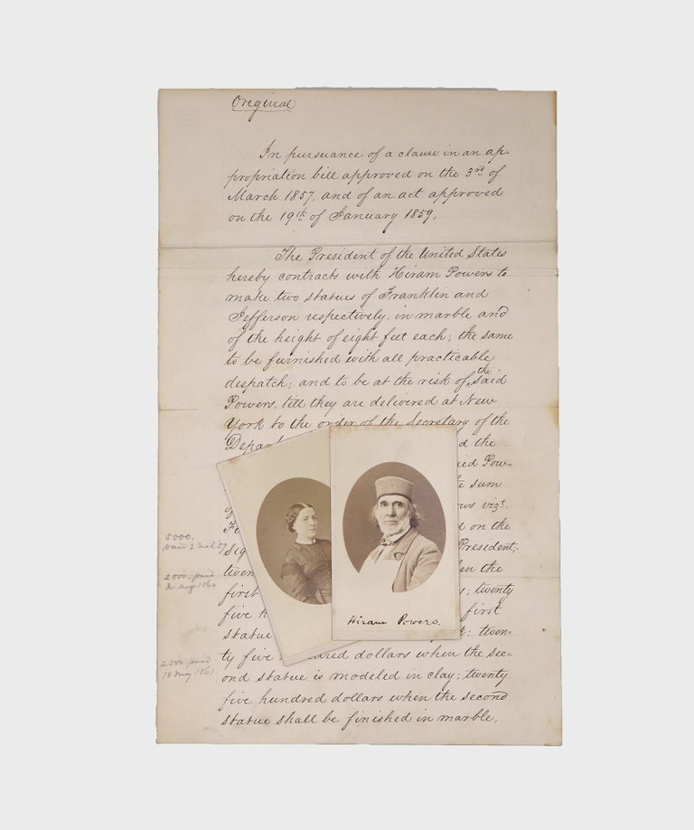 Manuscript document signed, as President, contracting with sculptor Hiram Powers on behalf of the United States commissioning marble statues of Thomas Jefferson and Benjamin Franklin