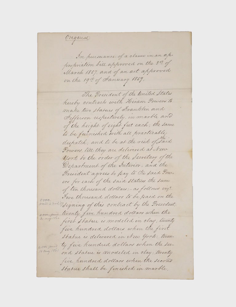 Manuscript document signed, as President, contracting with sculptor Hiram Powers on behalf of the United States commissioning marble statues of Thomas Jefferson and Benjamin Franklin