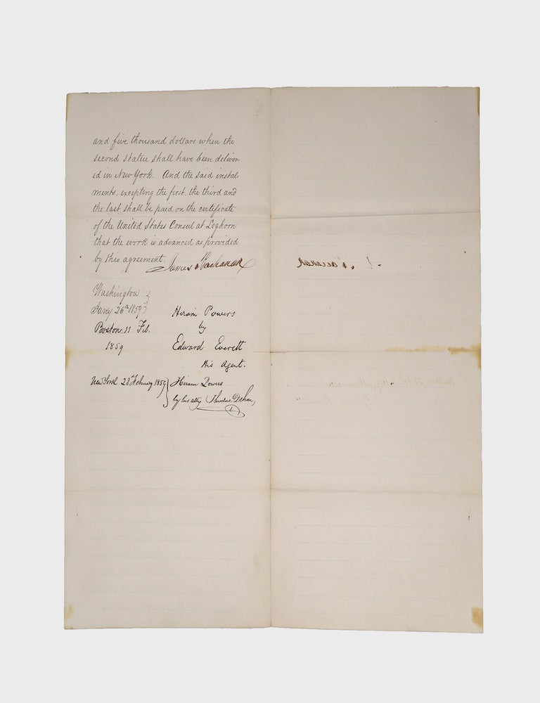 Manuscript document signed, as President, contracting with sculptor Hiram Powers on behalf of the United States commissioning marble statues of Thomas Jefferson and Benjamin Franklin