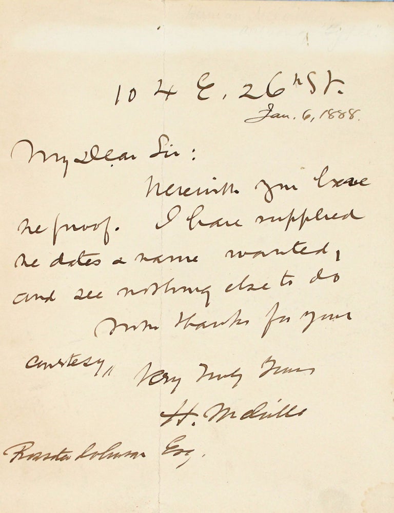 Item #369787 Autograph Letter, Signed ("H. Melville"), to Rossiter Johnson. Herman Melville.