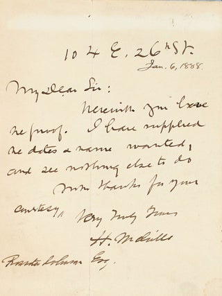 Item #369787 Autograph Letter, Signed ("H. Melville"), to Rossiter Johnson. Herman...