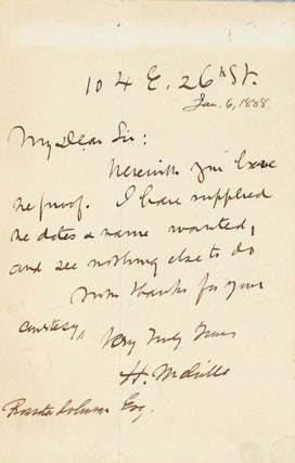 Item #369787 Autograph Letter, Signed ("H. Melville"), to Rossiter Johnson. Herman...