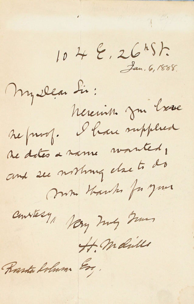 Item #369787 Autograph Letter, Signed ("H. Melville"), to Rossiter Johnson. Herman Melville.