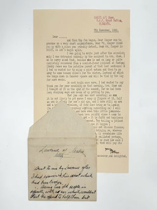 Item #371188 Typed Letter Signed, "TE Shaw," to Dr. William Cooper. T. E. Lawrence