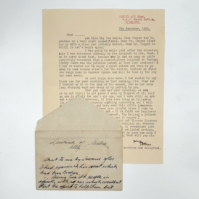 Item #371188 Typed Letter Signed, "TE Shaw," to Dr. William Cooper. T. E. Lawrence.