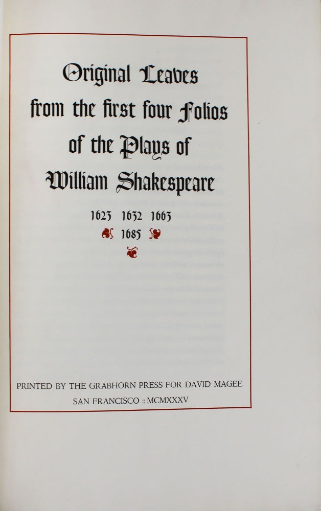 Original Leaves from the First Four Folios of the Plays of William Shakespeare, 1623, 1632, 1663, 1685. Introduction by Edwin Eliott Willoughby