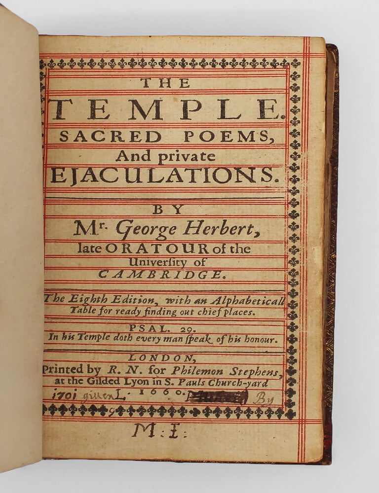 Item #372791 The Temple. Sacred Poems and Private Ejaculations [With] [Harvey, Christopher] The Synagogue or the Shadow of the Temple. Fourth Edition. 1661. George Herbert.