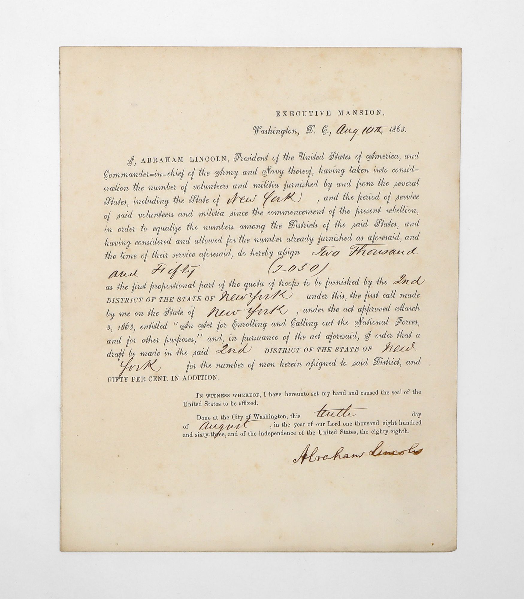 Partially printed document signed Abraham Lincoln , as President ...