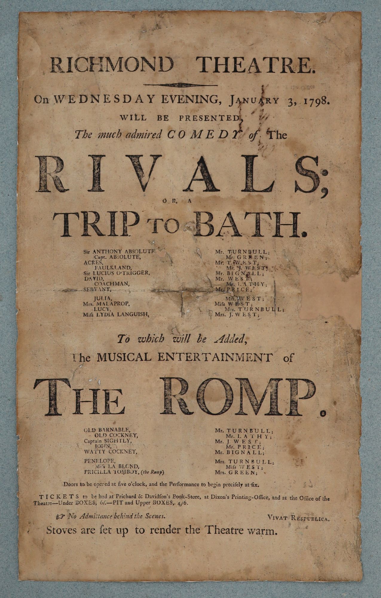 Richmond Romp Richmond Theatre. On Wednesday Evening, January 3, 1798. Will be ...