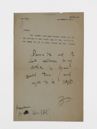 Item #373599 Typed Note, signed ("E.P."), Directed as "Private" Ezra Pound