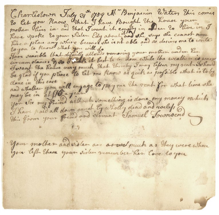 Item #37382 Autograph Letter, Signed "Samuel Townsend," to Benjamin Waters of Salem. Charlestown Massachusetts.