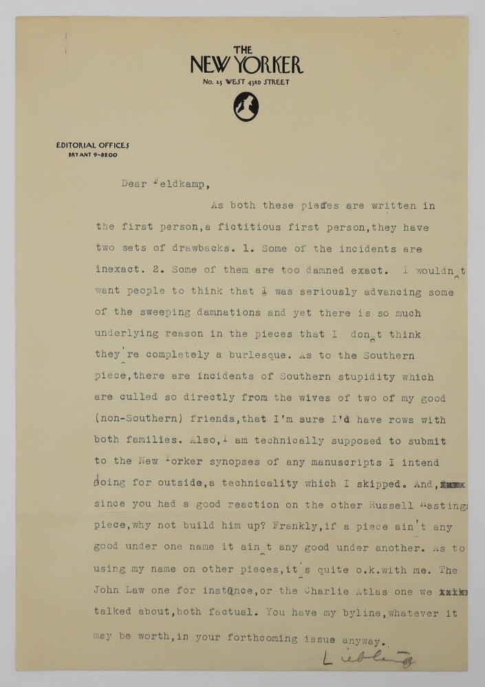 Typed Letters, signed (“Liebling”), conveying comic squibs under pseudonyms Russell Hastings... (4/4)