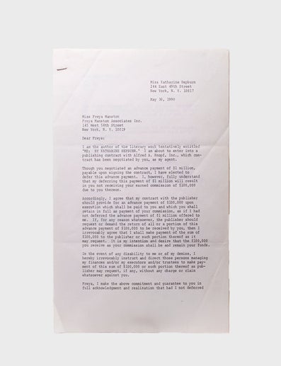 Typed Contract Signed ("Katharine Hepburn") between Hepburn and Alfred A. Knopf, Inc., for the terms of publishing the Knopf and Ballantine printings of her autobiography, ME: STORIES OF MY LIFE. With an archive of associated materials, including memoranda, letters of agreement, amendments, royalty statements, copies of contracts between Knopf and foreign publishers, press clippings, etc