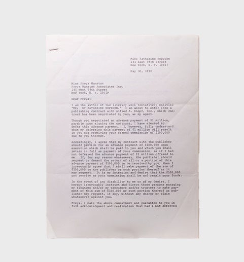 Typed Contract Signed ("Katharine Hepburn") between Hepburn and Alfred A. Knopf, Inc., for the terms of publishing the Knopf and Ballantine printings of her autobiography, ME: STORIES OF MY LIFE. With an archive of associated materials, including memoranda, letters of agreement, amendments, royalty statements, copies of contracts between Knopf and foreign publishers, press clippings, etc