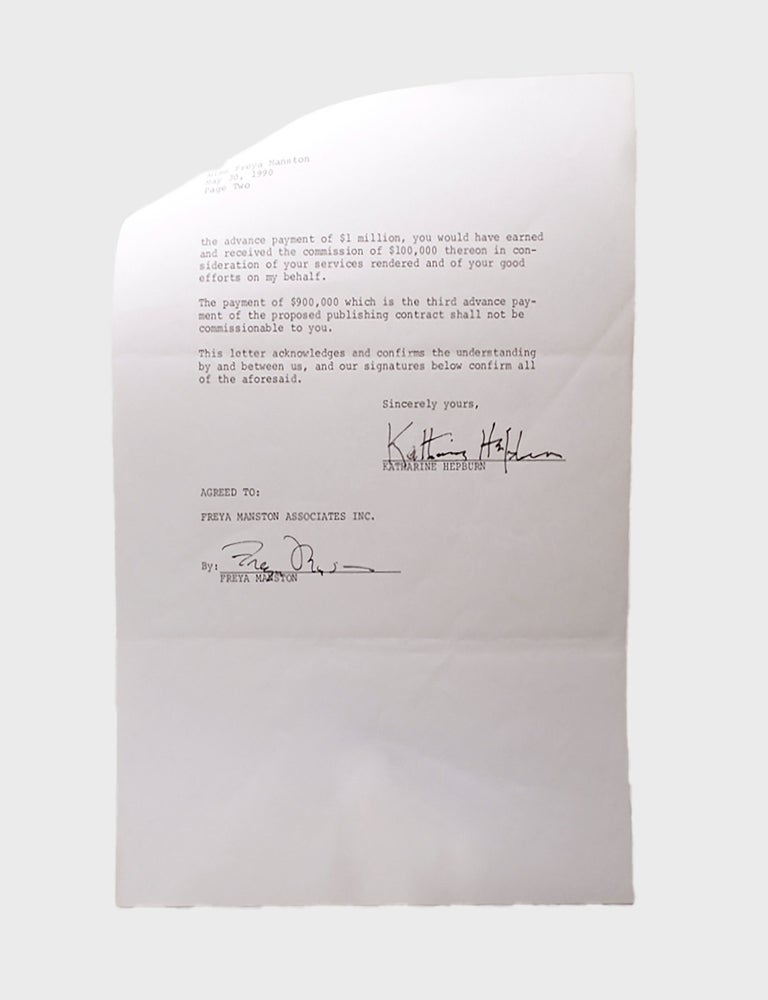 Typed Contract Signed ("Katharine Hepburn") between Hepburn and Alfred A. Knopf, Inc., for the terms of publishing the Knopf and Ballantine printings of her autobiography, ME: STORIES OF MY LIFE. With an archive of associated materials, including memoranda, letters of agreement, amendments, royalty statements, copies of contracts between Knopf and foreign publishers, press clippings, etc