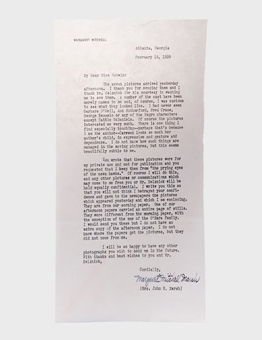 Typed letter, signed (&ldquo;Margaret Mitchell Marsh&rdquo;), to Marcella Robwin, assistant to David O. Selznick, 15 February 1939, acknowledging production stills