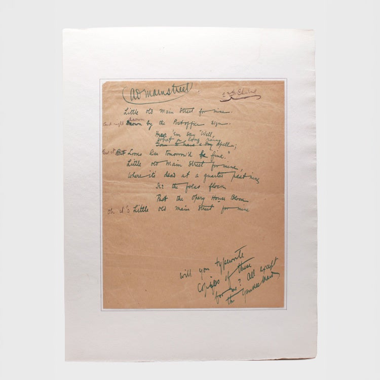 Little Old Main Street. Autograph Manuscript Draft of a lyric for “Lo A ...