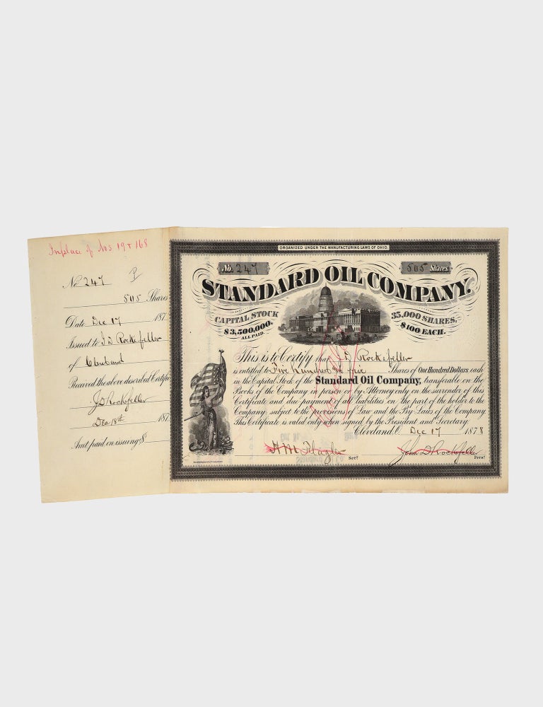 Standard Oil Company stock certificate issued to and signed by John D. Rockefeller, for 505 shares