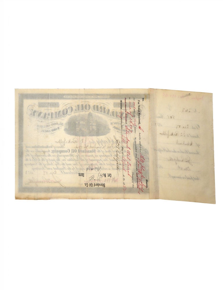 Standard Oil Company stock certificate issued to and signed by John D. Rockefeller, for 505 shares