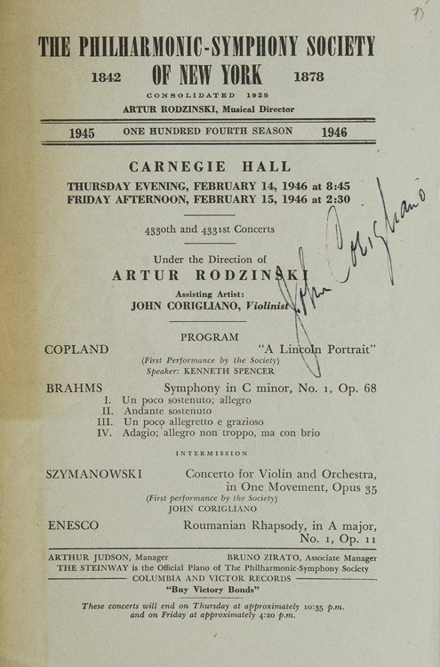 Item #37555 Carnegie Hall Program, SIGNED BY JOHN CORIGLIANO, violinist, who performed with the Philharmonic-Symphony on February 14-15, 1946, Artur Rodzinski, conducting. John Corigliano.