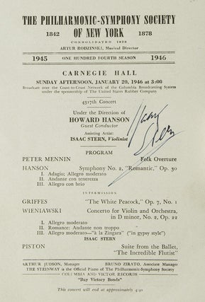 Item #37565 Carnegie Hall Program, SIGNED BY ISAAC STERN, violinist, who performed with the...