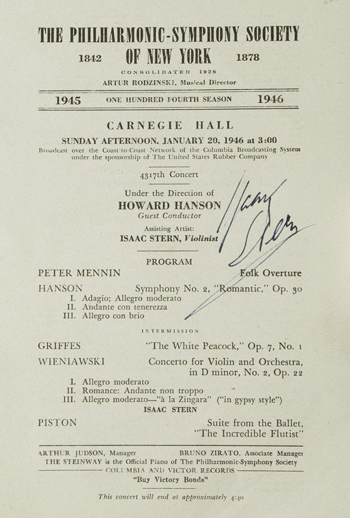 Item #37565 Carnegie Hall Program, SIGNED BY ISAAC STERN, violinist, who performed with the Philharmonic-Symphony on January 20, 1946, Howard Hanson, conducting. Isaac Stern.