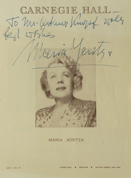 Item #37567 Carnegie Hall Program, INSCRIBED BY MARIA JERITZA, soprano. Performance date March 11, 1947. Maria Jeritza.
