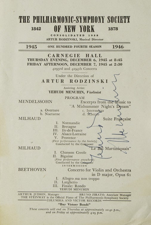 Symphonie Espagnole. 4 78 RPM records. With RCA Viictor Notes tipped in, and SIGNED BY YEHUDI MENUHIN, violinist. SIGNED also on the front inside cover of album