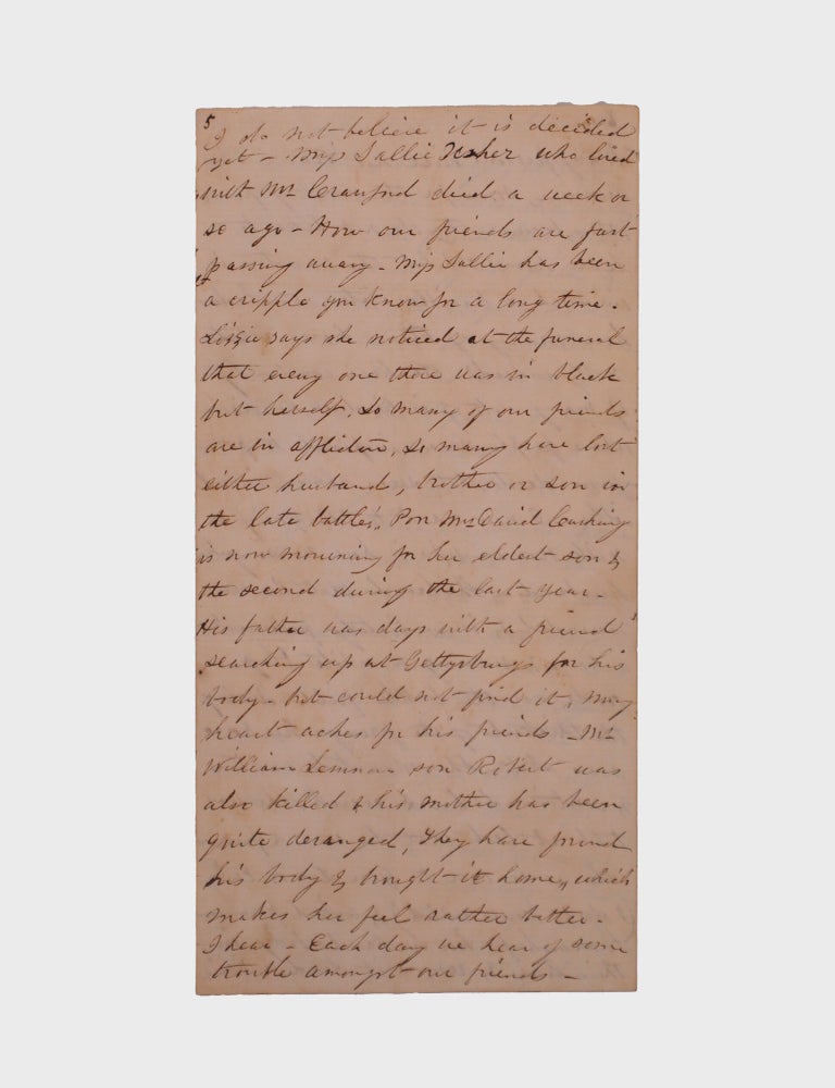 [Autograph letter signed, from a woman in Baltimore to her aunt in West Chester, New York, recounting the heroics of Arabella Barlow during the Battle of Gettysburg]