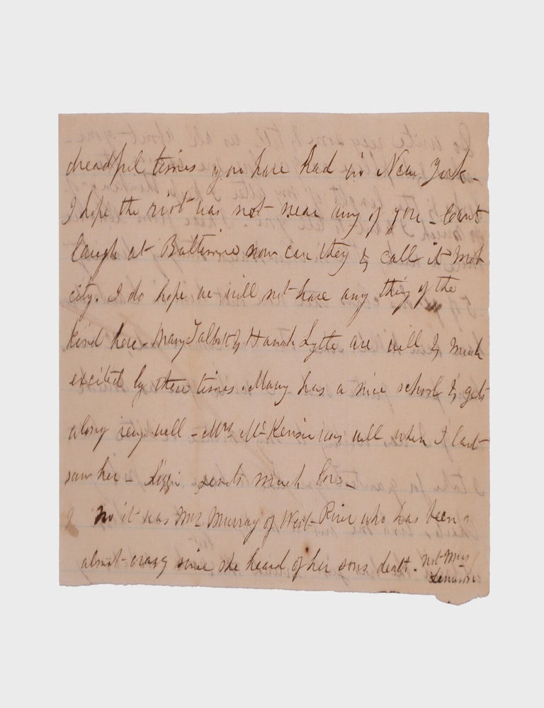 [Autograph letter signed, from a woman in Baltimore to her aunt in West Chester, New York, recounting the heroics of Arabella Barlow during the Battle of Gettysburg]