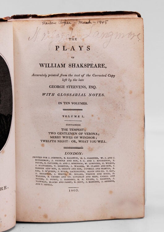 The Plays of William Shakespeare, accurately printed from the text of the Corrected Copy left by the late George Steevens