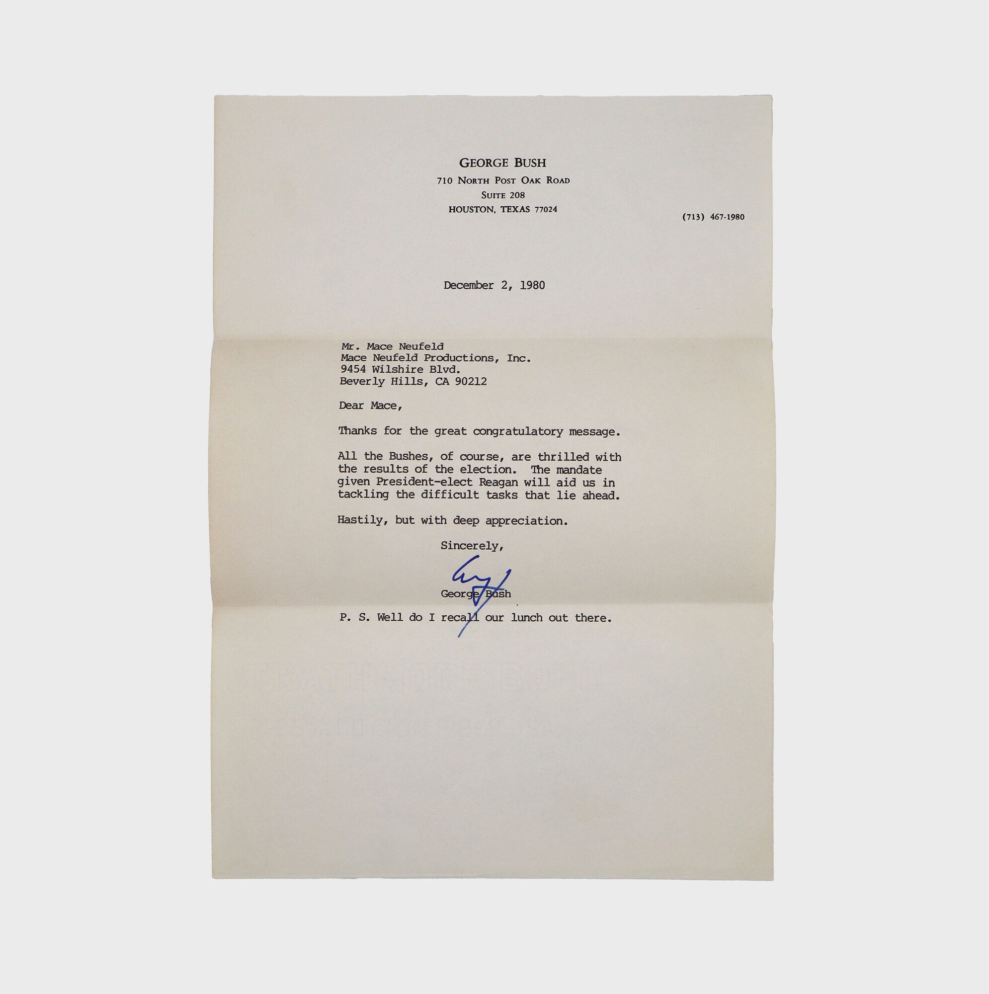 Typescript letter, Signed George to Mace Neufeld - Reagan Presidential ...