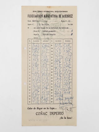 Item #376047 Original Chess Scoresheet, signed by Fischer and his opponent, Bernardo Wexler....