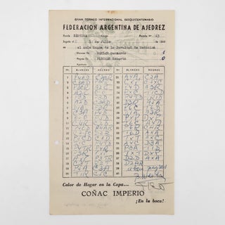 Item #376047 Original Chess Scoresheet, signed by Fischer and his opponent, Bernardo Wexler....
