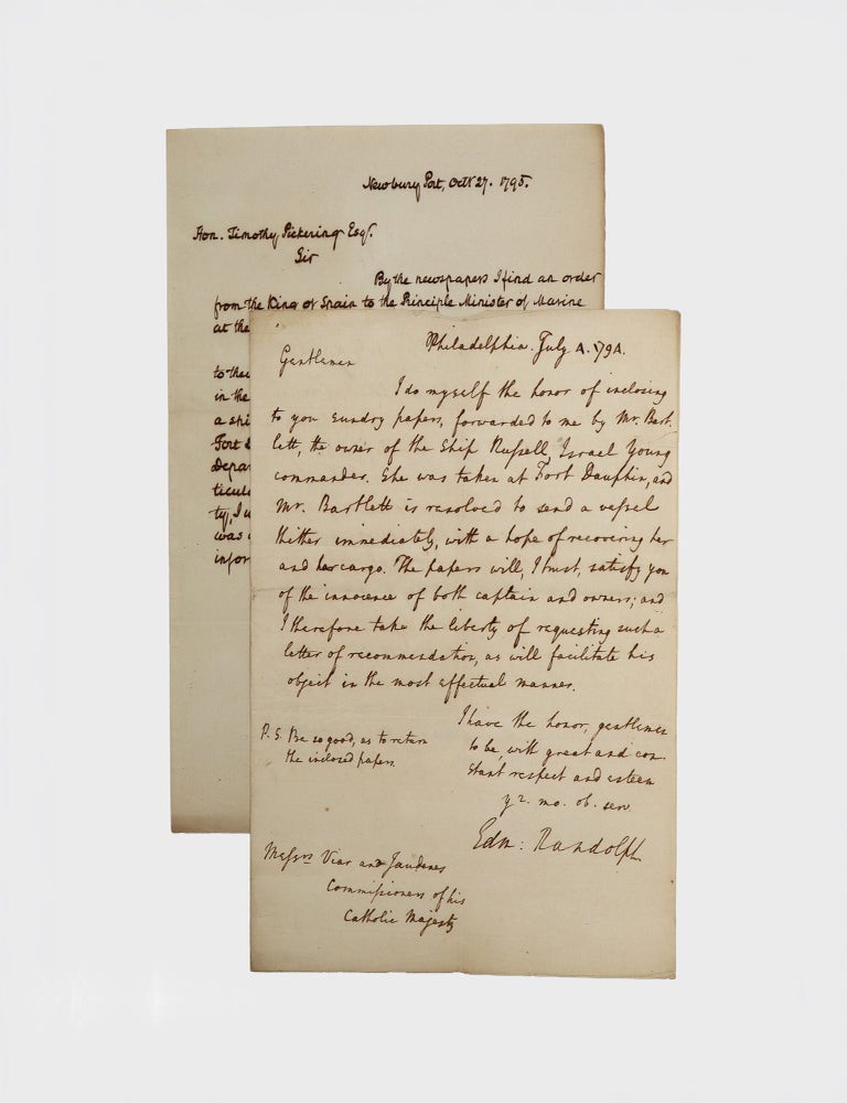 Item #376337 Autograph letter signed, "Edm: Randolph" as Secretary of State, to Messrs. Viar and Jaudens, the Spanish consuls to the United States, concerning the capture of the Ship Russell, taken as a Spanish prize at Fort Dauphin, Saint Domingue. Edmund Randolph.