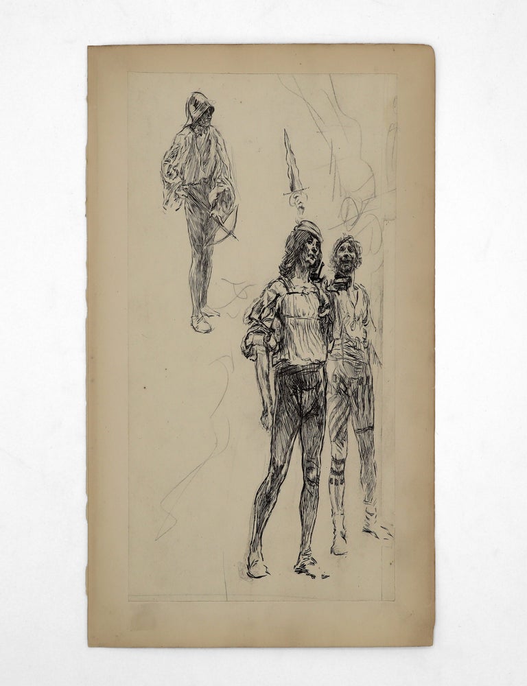 Original pen, ink and pencil drawing, being a sketch of two men in Renaissance garb, a drawn sword and a man with a crossbow