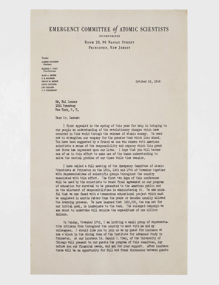 Typed Letter, with Secretarial Signature ("A. Einstein"), to Sol Lesser