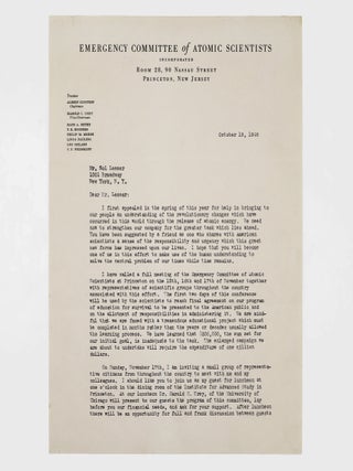 Item #376560 Typed Letter, with Secretarial Signature ("A. Einstein"), to Sol Lesser....