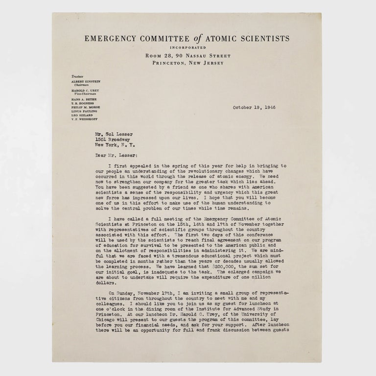 Typed Letter, with Secretarial Signature ("A. Einstein"), to Sol Lesser