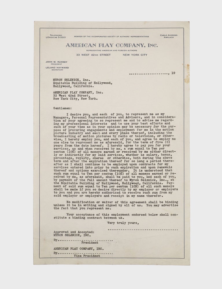 Typescript document signed ("Katharine Hepburn," "Leland Hayward" and others), management contract between Katharine Hepburn, the American Play Company, Inc. and Frank Joyce-Myron Selznick, Ltd.. giving the latter the right to represent her