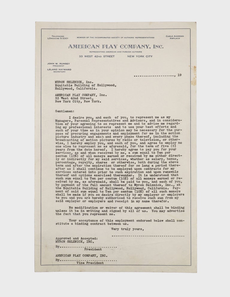 Typescript document signed ("Katharine Hepburn," "Leland Hayward" and others), management contract between Katharine Hepburn, the American Play Company, Inc. and Frank Joyce-Myron Selznick, Ltd.. giving the latter the right to represent her