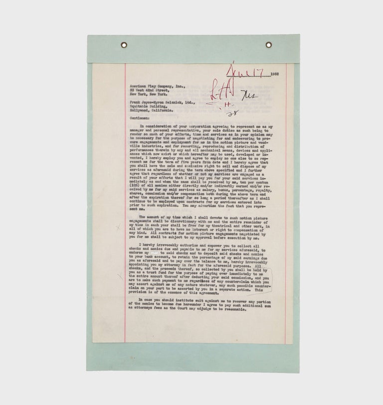 Typescript document signed ("Katharine Hepburn," "Leland Hayward" and others), management contract between Katharine Hepburn, the American Play Company, Inc. and Frank Joyce-Myron Selznick, Ltd.. giving the latter the right to represent her